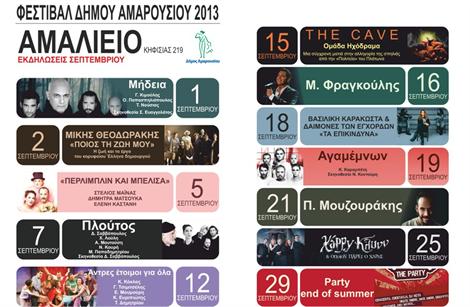 Βραδιές πολιτισμού τον Σεπτέμβριο στο Μαρούσι, για όλους και συντροφιά με μεγάλα ονόματα της τέχνης, με το Καλοκαιρινό Φεστιβάλ του Δήμου Αμαρουσίου 2013 στο Αμαλίειο 