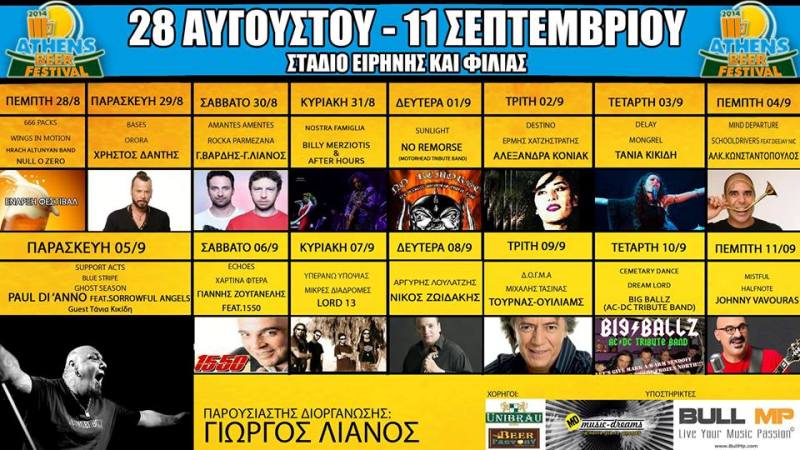 Η 14η Γιορτή Μπύρας (Athens Beer Festival ), από Πέμπτη 28 Αυγούστου έως Πέμπτη 11 Σεπτεμβρίου 2014 και το μουσικό πρόγραμμα που τη συνοδεύει στο Στάδιο Ειρήνης και Φιλίας στο Νέο Φάληρο, στον Πειραιά